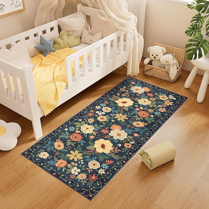 DUKINO 2x5 Runner Rug for Hallway, Washable Kitchen Floral Runner Rug with Non Slip Backing, Low Pile Soft Boho Carpet for Kitchen, Hallway, Entryway, Laundry, Bedroom, Navy Blue