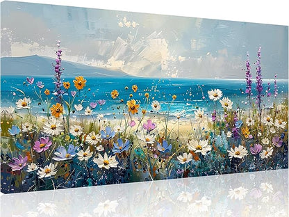 TutuBeer 1 Pcs Boho Beach Coastal Vintage Floral Wall Picture Rustic Wildflower Field Vintage Wall Art Canvas Prints Daisy Flowers Sea Canvas Print Farmhouse Wall Art for Home Wall Decor 8x16inch