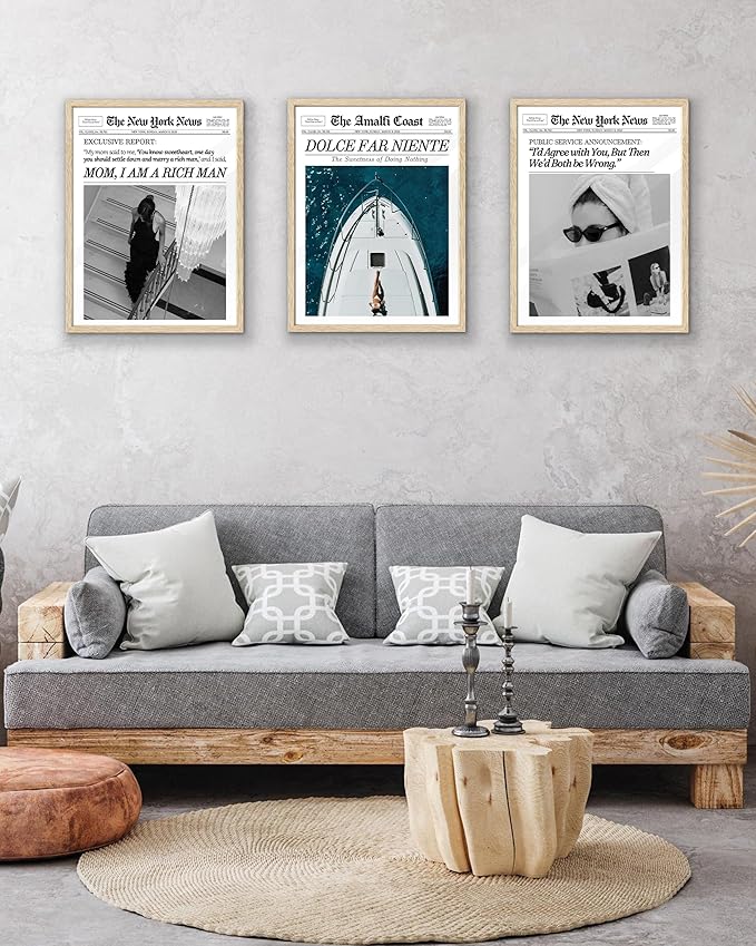 EcoHest Small Trendy Newspaper Dolce Far Niente Framed Wall Art, 8x10 in OAK Wood La Dolce Vita Canvas Wall Art, Magazine Italian Summer Headline Print Decor, Set of 1 for Bedroom Living Room