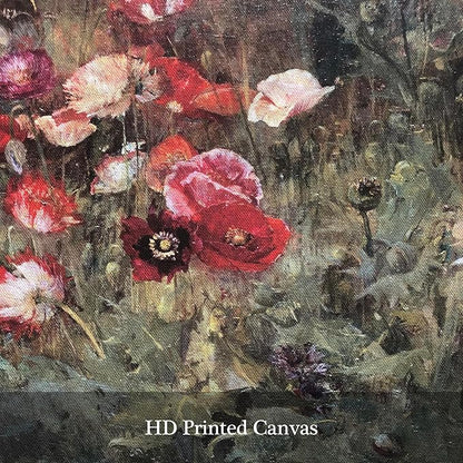 Pyradecor Vintage Wall Art Retro Home Decor Living Room Decor A Bed of Poppies Framed Canvas Wall Art Classical Floral Painting for Bedroom Office Decorations