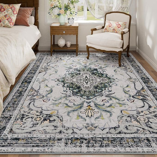 RUSHUFFY 5x7 Washable Area Rugs for Bedroom, Vintage Boho Distressed Print Pattern Rugs for Living Room, Soft Non-Slip Carpet for Indoor Dining Room Nursery Farmhouse Girls Room, Grey White