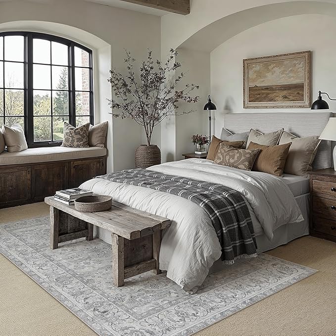 PureCozy Gray 6x9 Area Rug Washable Vintage Living Room Carpet Bedroom Large Indoor Non Slip Soft Low Pile Thin Stain Resistant Distressed Accent Throw Rug for Dining Office Nursery