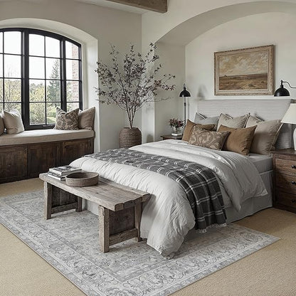 PureCozy Gray 6x9 Area Rug Washable Vintage Living Room Carpet Bedroom Large Indoor Non Slip Soft Low Pile Thin Stain Resistant Distressed Accent Throw Rug for Dining Office Nursery