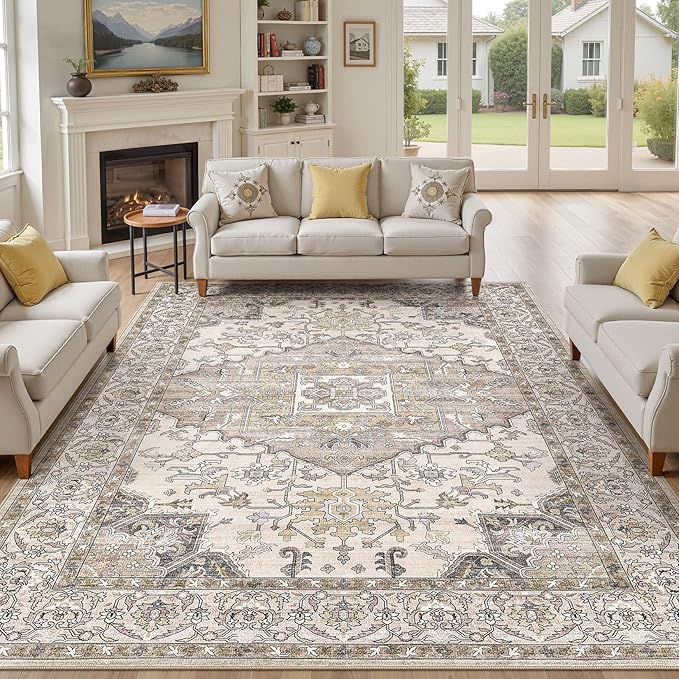 9x12 Washable Area Rugs for Living Room: Non Slip Vintage Brown Rug, Large Soft Stain Resistant Indoor Floor Carpets for Bedroom Dining Room Farmhouse Nursery Home Office Kid & Pet Friendly