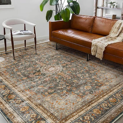 CHAMPLANT Washable Area Rug 9'x12' Retro Boho Design Non-Shedding Easy Care Ideal for High Traffic Areas in Living Room Bedroom Office Coffee Table Kitchen Large Carpet