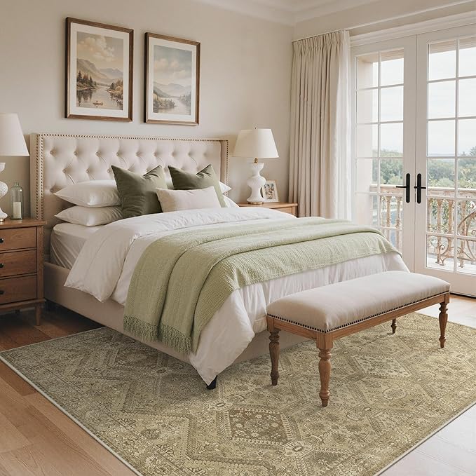 Bavni 3x5 Area Rug Washable Rug for Living Room Bedroom, Vintage Print Carpet, Low Pile Lightweight Mat with Non Slip Backing, Light Brown