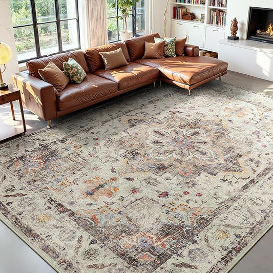 YOH Boho Washable Rug 9x12, Vintage Multi Non Slip Area Rug, Distressed Indoor Carpet for Living Room Bedroom Kitchen Office