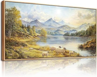 Wapluam Wall Art For Living Room,Landscape Large Framed Wall Art, Modern Farmhouse Decor,Sheep Pictures Retro Rustic Nature Canvas Art Prints Paintings For Bedroom Kitchen Office Decorations 30x60 IN