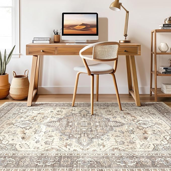 LOONGRUG 12x18 Rug Living Room: Washable Boho Large Neutral Vintage Soft Rugs Stain Resistant Farmhouse Non-Slip Indoor Floor Carpet for Bedroom Nursery Kids Playroom Office Dining Room- Beige Brown