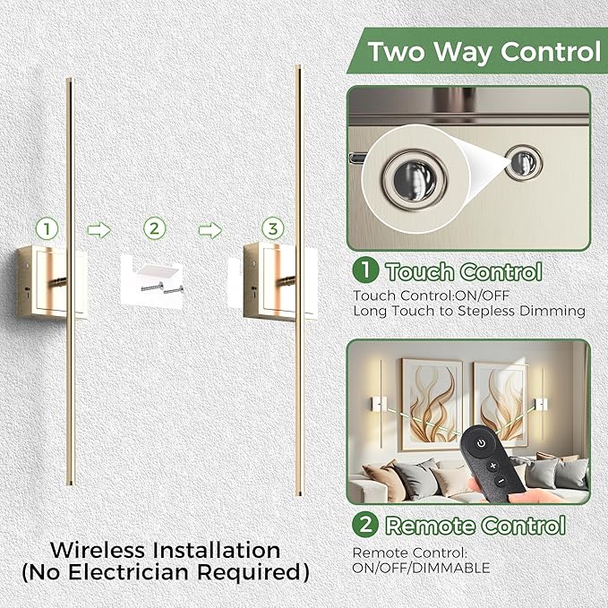 DORESshop Battery Operated Wall Sconces Set of 2, Dimmable Battery Wall Sconce with Remote Control, Nickel 350°Rotate Rechargeable Sconces, 28.1 Inch Wireless Wall Lights for Bedroom, Living Room