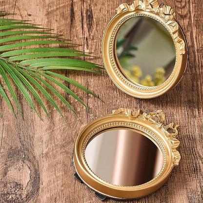 Threehoney 2 Pack Portable Small Vintage Gold Bow Mirror 6" Round Vintage Makeup Desk Mirror for Bedroom, Bathroom, Table Decoration