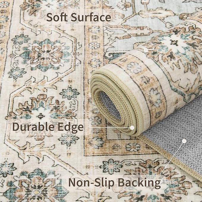 10x14 Living Room Rug - Large Washable Non Slip Vintage Rugs Low Pile Stain Resistant Distressed Carpet for Bedroom Dining Room Home Office 10'x14' Green/Beige