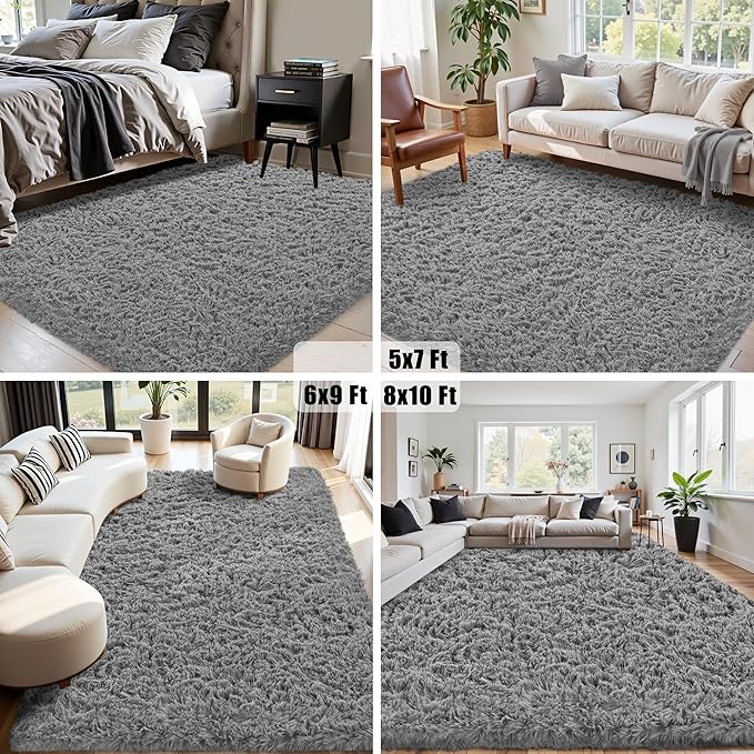 5x8 Area Rug for Living Room:Ultra Soft Fluffy Shag Light Grey Rugs,Large Fuzzy Plush Indoor Non Slip Carpet Washable Rug for Bedroom Kids Nursery Office Dorm Modern Decor(Light Grey 5'x8')