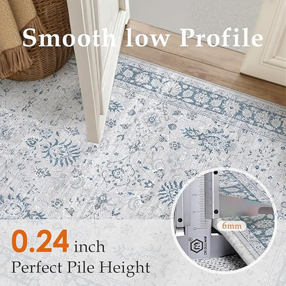 PureCozy 6x9 Area Rug Blue Washable Vintage Carpet Living Room Bedroom Large Non Slip Stain Soft Resistant Low Pile Thin Boho Accent Indoor Throw Rug for Dining Room Office