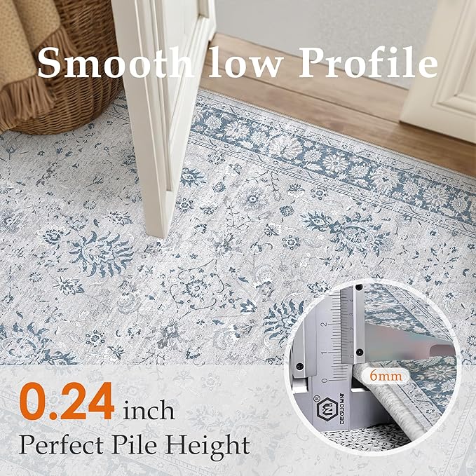 PureCozy 2x6 Runner Rug Blue Washable Hallway Vintage Carpet Kitchen Small Long Non Slip Stain Soft Resistant Low Pile Thin Boho Accent Indoor Throw Rug for Bedroom Laundry Living Room