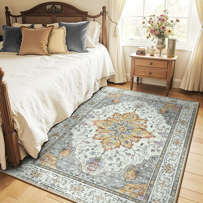 RELEANY Area Rugs 4'x5' Washable Non-Slip, Floral Vintage Distress Print Pattern Medallion Carpet for Living Room Bedroom Dining Room, Light Yellow Carbon Grey Orange