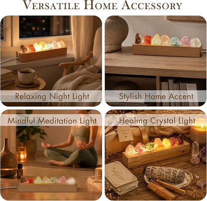 Healing Crystal Night Light,7 Chakra Stones Bedside Lamp,Mood Light with Wooden LED Light Base,Healing Stones Positive Energy Night Light for Home Decor Gifts (Plug-in)