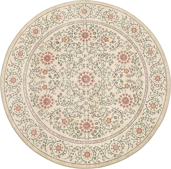 GarveeHome Boho Round Rugs 6ft for Living Room Non Slip, Vintage Botanical Circle Rug Washable Area Rug for Dining Room Stain Resistant, Low Pile Soft Camel Circular Carpet for Nursery Kitchen
