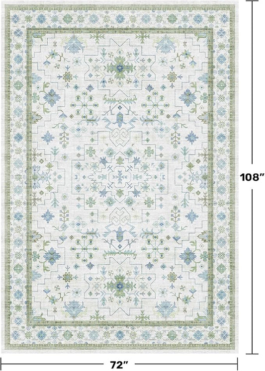 Hazo Haus Cream Oushak 6x9 Bedroom Rug - Boho Floral Cool Blue and Green, Washable Low Pile Non-Slip Ultra-Thin Large Area Rugs for Bed Room, Living Room, Playroom