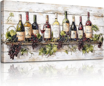 crmotu Still Life Kitchen Wall Art, Wine Bottle Extra Large Artwork, French Country Home Bar Decor Paintings, Modern Home Wall Decor Dining Room Wine Cellar Canvas Art Prints Ready to Hang 29x57inch