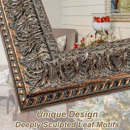 Chende 60" L x 31" W Large Full Length Mirror for Bedroom, Antique Bronze Decorative Mirror with Ornate Solid Wood Frame, Rectangular, Long Narrow Leaves Design, Unique