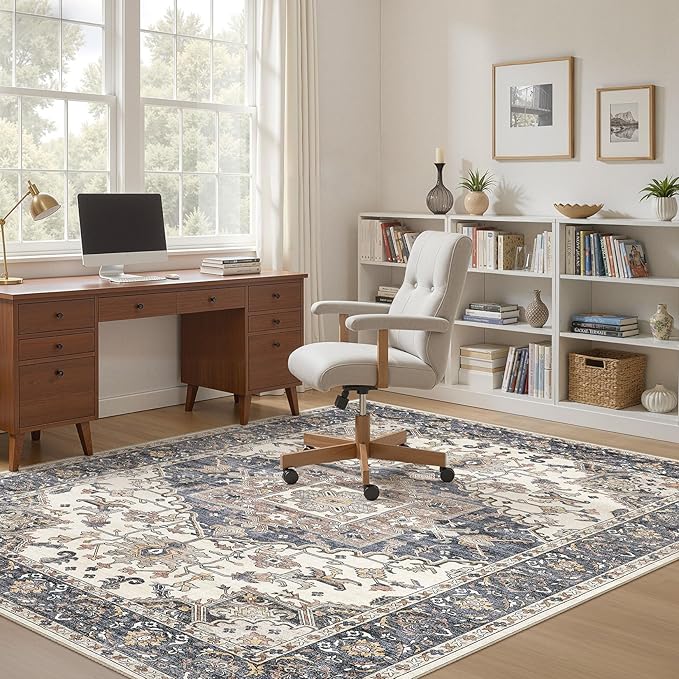 5x8 Washable Area Rugs for Living Room: Non Slip Vintage Beige Blue Rug, Large Soft Stain Resistant Indoor Floor Carpets for Bedroom Dining Room Nursery Home Office Kid & Pet Friendly