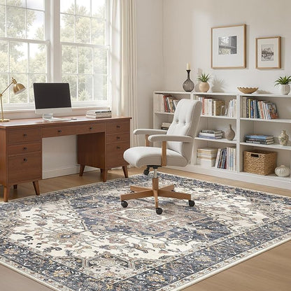 5x8 Washable Area Rugs for Living Room: Non Slip Vintage Beige Blue Rug, Large Soft Stain Resistant Indoor Floor Carpets for Bedroom Dining Room Nursery Home Office Kid & Pet Friendly