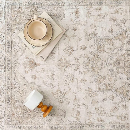 PureCozy Beige Area Rug 7x9 Washable Living Room Carpet Vintage Non Slip Soft Bedroom Indoor Office Retro Low Pile Thin Oriental Medallion Large Rug for Dining Room Playroom