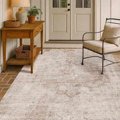 Hazo Haus Beige & Brown 5x8 Area Rugs for Bedroom - Abstract Distressed Farmhouse Rug for Living Room, Home Office, Foyer, Kitchen Table, Foldable Soft Washable Low Pile Non Slip Stain Resistant