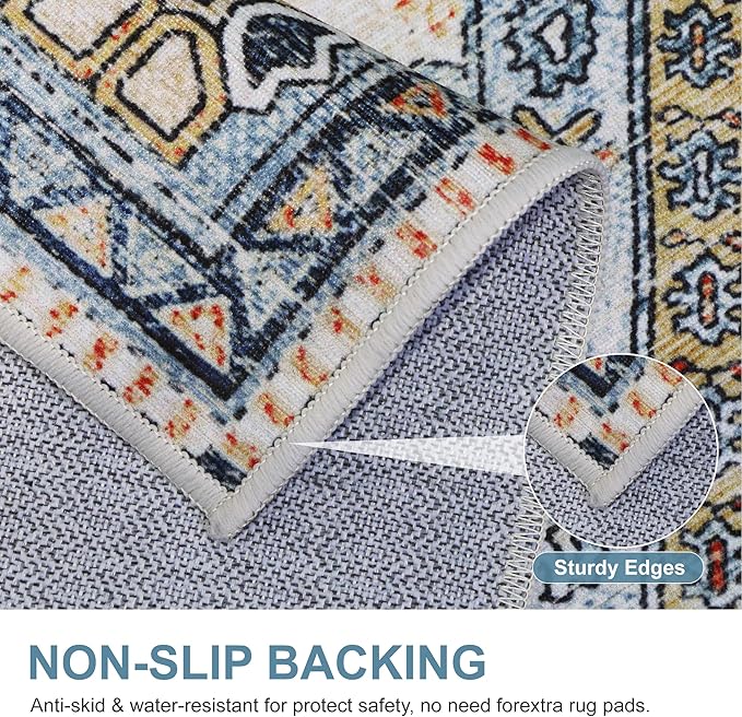Bavni Washable Rug 8x10 Area Rug for Living Room Bedroom Dining, Washable Vintage Print Carpet, Ultra-Thin Chenille Low Pile Lightweight Rug with Non Slip Backing, Blue/Orange