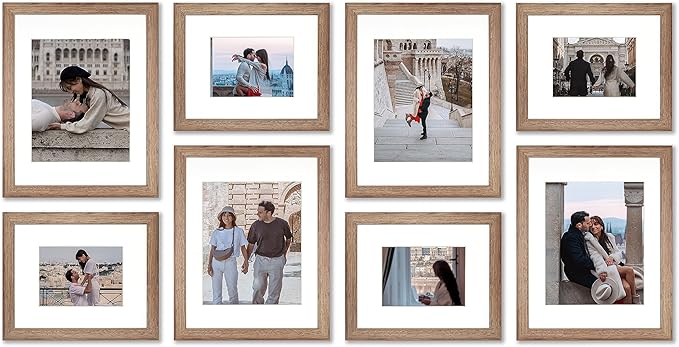 VELISTA 8 Piece Rectangle Gallery Wall Frame Set - Rustic Photo Frame Set with Mat 5x7/8x10 - Picture Frame Set for Wall Collage made of Engineered Wood – Farmhouse Assorted Picture Frames (Walnut)