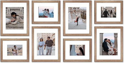 VELISTA 8 Piece Rectangle Gallery Wall Frame Set - Rustic Photo Frame Set with Mat 5x7/8x10 - Picture Frame Set for Wall Collage made of Engineered Wood – Farmhouse Assorted Picture Frames (Walnut)