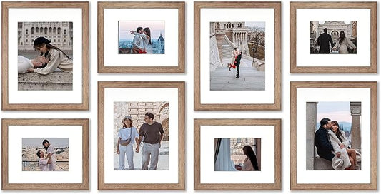 VELISTA 8 Piece Rectangle Gallery Wall Frame Set - Rustic Photo Frame Set with Mat 5x7/8x10 - Picture Frame Set for Wall Collage made of Engineered Wood – Farmhouse Assorted Picture Frames (Walnut)