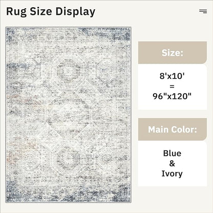 Soalmost Washable Area Rug 8x10, Large Soft Rugs for Living Room Vintage 8x10 Area Rugs for Bedroom Dining Room Non-Slip Stain Resistant Under Table Blue Ivory Rug