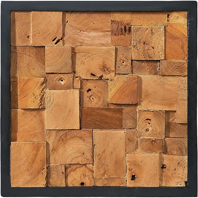 Greenage Reclaimed Teak Wood Wall Decor 17"x17" Farmhouse Simetris Square Wall Art Rustic Geometric Pattern Wall Hanging Decoration Wooden Frame Wall Panel for Home Living Room Bedroom
