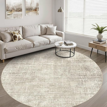 7ft Round Rug Living Room: 7x7 Washable Large Neutral Brown Circle Area Rug Abstract Soft Modern Stain Resistant Indoor Floor Non-Slip Carpet for Bedroom Nursery Kids Office Playroom Dining Room