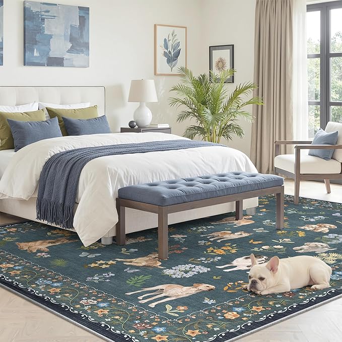 Soalmost Dog 5x7 Area Rugs for Living Room, Machine Washable Animal Floral Vintage Rug Non-Slip Low Pile Soft Throw Rugs for Kitchen Dining Room Bedroom Nursery Playroom (5 x 7,Navy Blue)