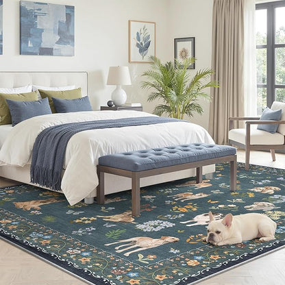 Soalmost Dog 5x7 Area Rugs for Living Room, Machine Washable Animal Floral Vintage Rug Non-Slip Low Pile Soft Throw Rugs for Kitchen Dining Room Bedroom Nursery Playroom (5 x 7,Navy Blue)