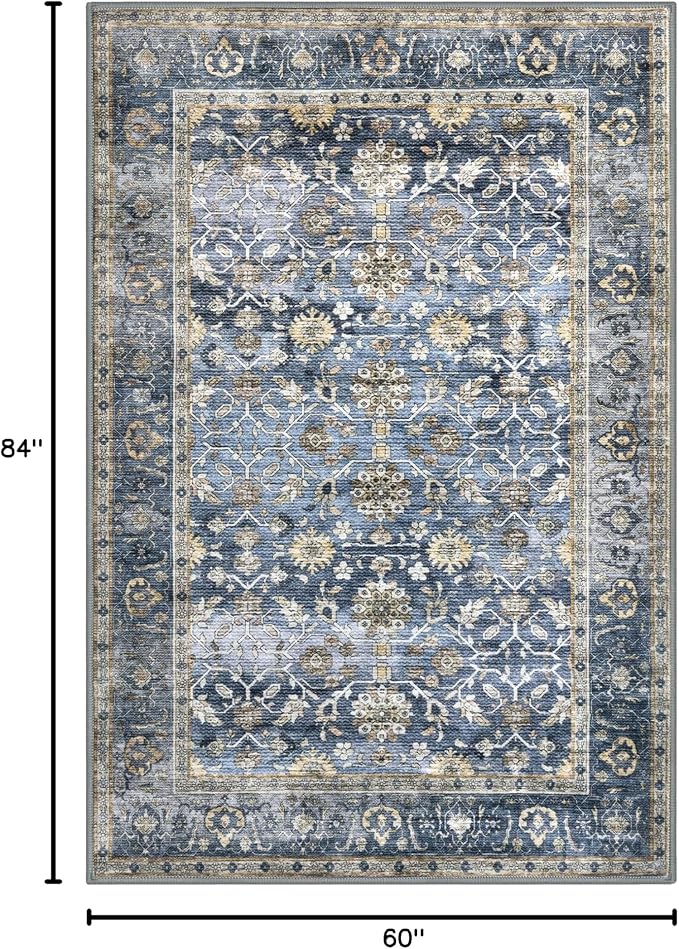 KUTA Vintage 5x7 Area Rugs Blue Grey Beige, Washable Rugs for Living Room Ultra Thin Soft Non-Slip Printed Distressed Tribal Traditional Farmhouse Carpet for Bedroom Dining Room Dorm Office Home
