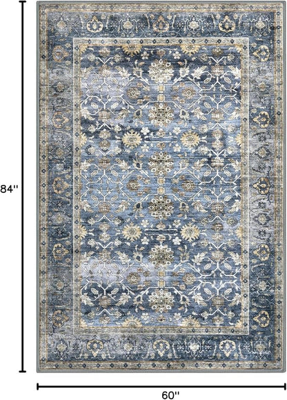 KUTA Vintage 5x7 Area Rugs Blue Grey Beige, Washable Rugs for Living Room Ultra Thin Soft Non-Slip Printed Distressed Tribal Traditional Farmhouse Carpet for Bedroom Dining Room Dorm Office Home