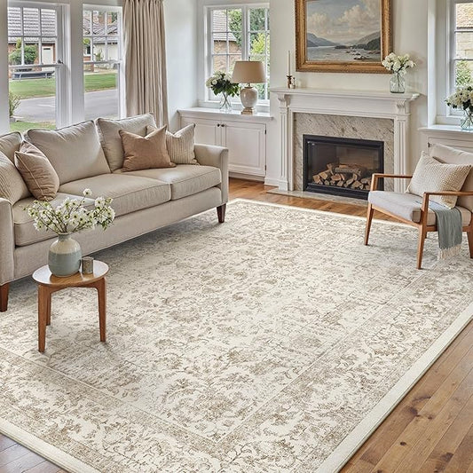 PureCozy Light Brown Area Rug 5x8 Machine Washable Vintage Living Room Distressed Non Slip Carpet Traditional Indoor Bedroom Retro Floral Accent Throw Large Rug Office Kitchen Bathroom Dining Room