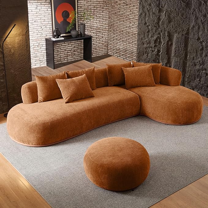 WILLIAMSPACE 134.63" Oversize Curved Sofa Cloud Couch with Round Chaise, Modern Upholstered Curved Sectional Sofa Couch with 6 Pillows for Living Room, No Assembly (Right-Facing,Orange)