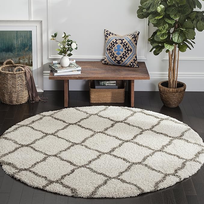 SAFAVIEH Hudson Shag Collection Area Rug - 9' Round, Ivory & Grey, Moroccan Trellis Design, Non-Shedding & Easy Care, 2-inch Thick Ideal for High Traffic Areas in Living Room, Bedroom (SGH283A)