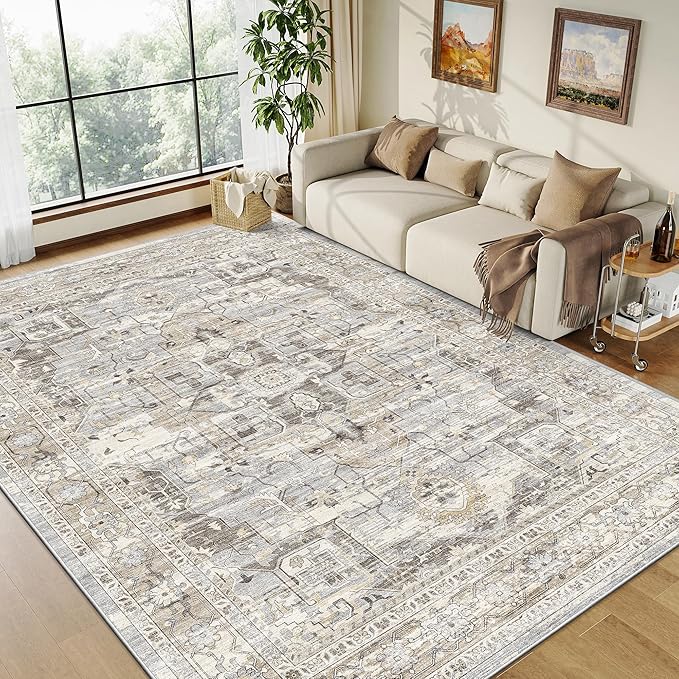 10x14 Living Room Rug - Large Washable Non Slip Vintage Rugs Low Pile Stain Resistant Distressed Carpet for Bedroom Dining Room Home Office 10'x14' Beige/Brown