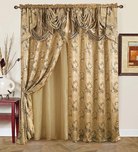 GLORY RUGS Jacquard Luxury Window 2 Panel Set Taupe Curtain with Attached Valance and Backing Bedroom Living Room Dining 2 Curtains 55x84 inches Each Jana