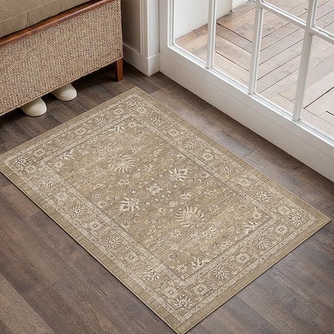 PureCozy 2x3 Area Rug Brown Washable Entryway Vintage Carpet Door Mat Small Non Slip Stain Soft Resistant Low Pile Thin Boho Accent Indoor Throw Rug for Kitchen Bathroom Entrance Bedroom