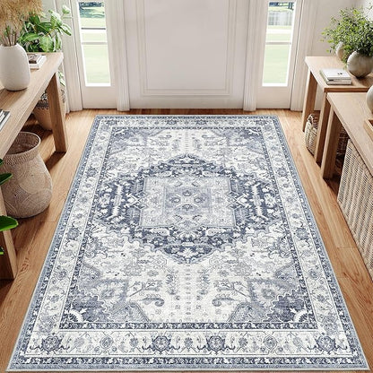 3x5 Rug,Ultra-Thin Washable Rugs for Living Room, Stain Resistant Entryway Rug,Non-Slip Area Rugs, Vintage Small Rugs (Navy/Blue,3'x5')