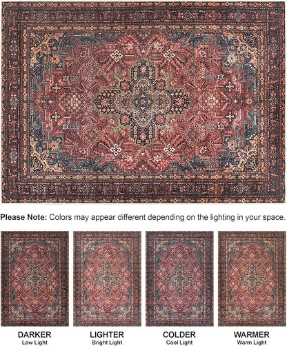 Bloom Rugs Washable Non-Slip 12 ft Runner - Red/Teal Blue/Yellow Traditional Medallion Runner for Entryway, Hallway, Bathroom, and Kitchen - Exact Size: 2.5' x 12'