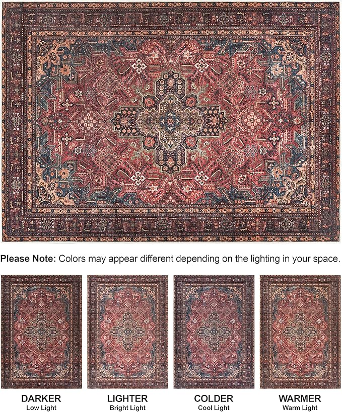 Bloom Rugs Washable Non-Slip 6' x 9' Rug - Red/Teal Blue/Yellow Traditional Medallion Area Rug for Living Room, Bedroom, Dining Room, and Kitchen - Exact Size: 6' x 9'