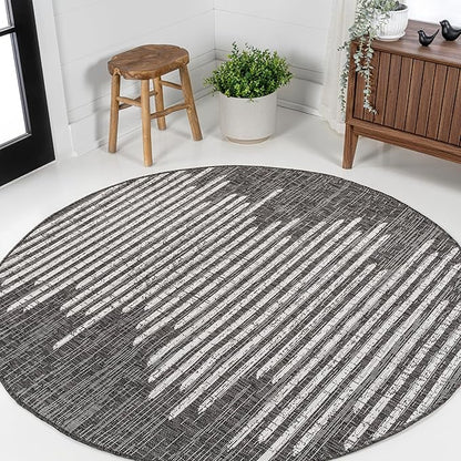 JONATHAN Y Stripe Geometric Indoor Outdoor Round Area Rug 6 Ft Black/Ivory, Zolak Berber for Backyard, Patio, Porch, Easy-Cleaning, High Traffic, Pet-Friendly, Non-Shedding (SMB124E-6R)